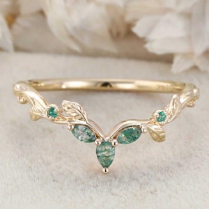 Moss Agate Wedding Band: Marquise Leaf Ring, Yellow Gold Nature Ring