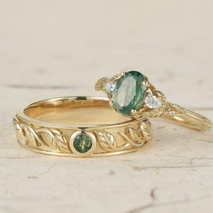 Moss Agate Leaf Couple Rings Set: Solid Gold Wedding Bands