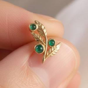 14K Yellow Gold  Green Emerald Round Cabochon Push Back Stud Earrings Unique Agate Earring Gift For Love Anniversary Gift Christmas Gift