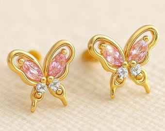 14K Gold Pink Tourmaline Butterfly Stud: Moissanite Helix PiercingChristmas Gift