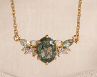 Moss Agate Gold Pendant Necklace: Oval Cut Gemstone, Promise GiftChristmas Gift