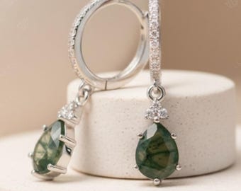 Art Deco Moss Agate Dangle Earrings, 14k Gold Huggie Hoops Christmas GiftChristmas Gift