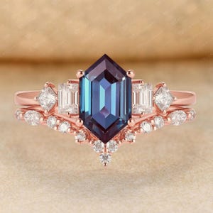 Vintage Alexandrite Engagement Ring Set: Art Deco Moissanite Bridal Rings