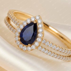 Pear Blue Sapphire Engagement Ring: Yellow Gold Moissanite Bridal Ring