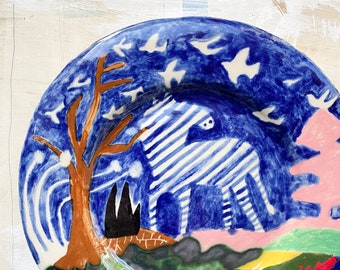Plato de cerámica con diseño de cebra pintado a mano, decoración de pared (24,5 cm)