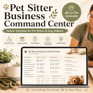 Può includere: Un modello digitale Notion intitolato Pet Sitter Business Command Center visualizzato sullo schermo di un computer portatile. L'interfaccia presenta sezioni per clienti, animali domestici, appuntamenti, rapporti di visita, fatture, pagamenti e avvisi sanitari.