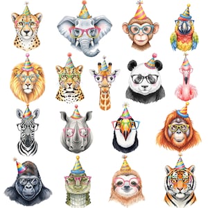 Puede incluir: Ilustraciones en acuarela de varios animales, incluyendo un guepardo, un elefante, un mono, un loro, un león, un leopardo, una jirafa, un panda, un flamenco, una cebra, un rinoceronte, un tucán, un orangután, un gorila, un caimán, un perezoso y un tigre. Cada animal lleva gafas y un gorro de fiesta.