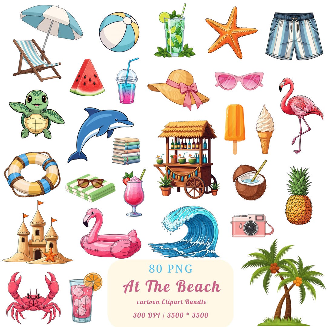 Beach Day Clipart Bundle — 80 PNG Tropical Summer Icons, Palm Trees ...