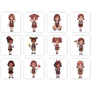 May include: A collection of twelve cartoon illustrations of young girls in Girl Scout uniforms. Each girl is depicted in a different pose, holding various items such as a flag, a flashlight, or a notebook. The girls have different hairstyles and skin tones.