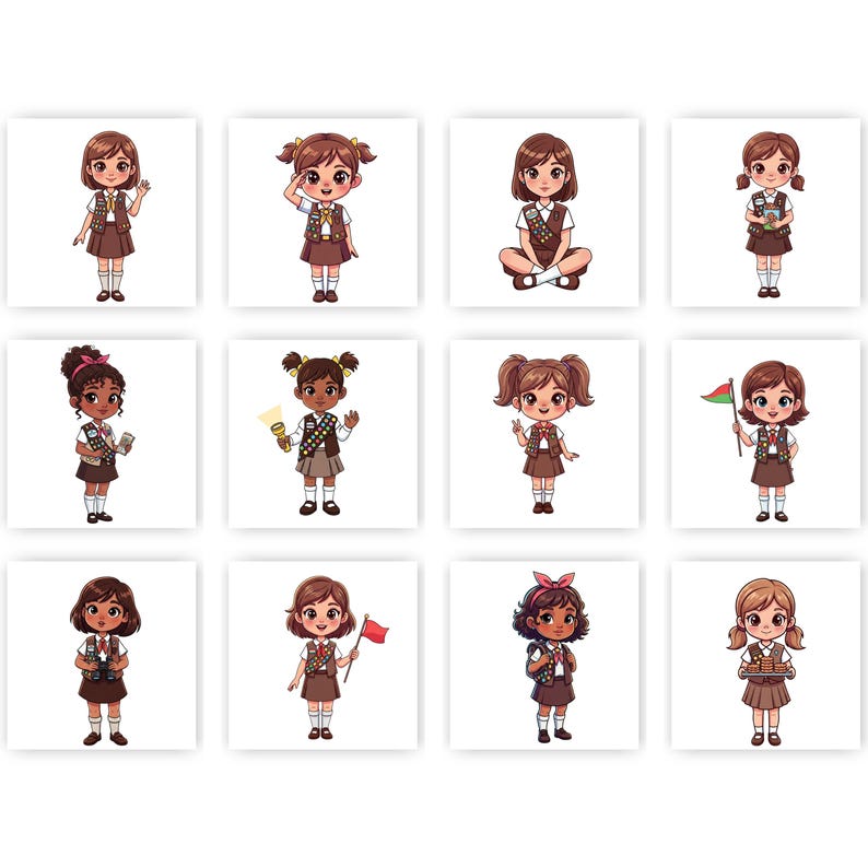 May include: A collection of twelve cartoon illustrations of young girls in Girl Scout uniforms. Each girl is depicted in a different pose, holding various items such as a flag, a flashlight, or a notebook. The girls have different hairstyles and skin tones.