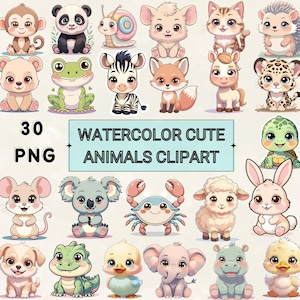 Aquarell Baby Tiere Clipart Bundle: 30 PNG Grafiken für Kinderzimmer Dekor