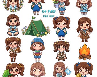 Kawaii Girl Scout Clipart Pack - 54 Chibi Girl Guide PNGs Camping Badges Cookies Troop