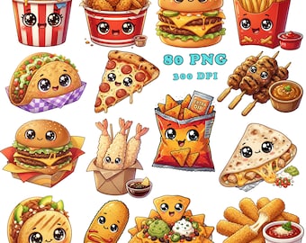 Kawaii Fast Food Clipart PNG Pack — Burger, Pizza, Fries & Drinks, 80+ Digital Download