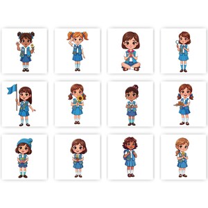 May include: A collection of twelve cartoon illustrations of young girls in blue uniforms, each holding different items. The girls have various hairstyles and skin tones. Some hold flowers, a magnifying glass, a flag, and a sunflower.