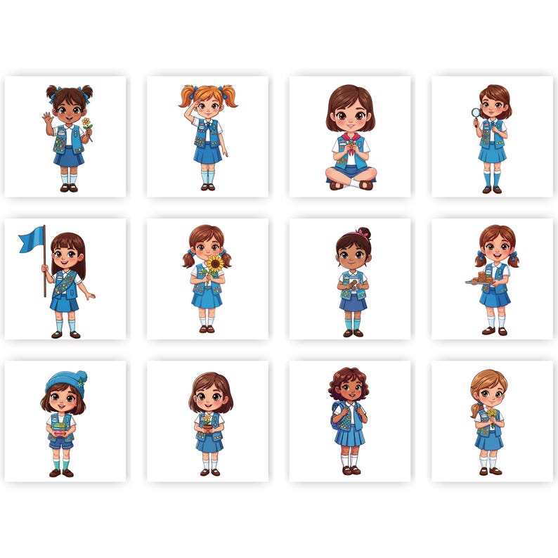 May include: A collection of twelve cartoon illustrations of young girls in blue uniforms, each holding different items. The girls have various hairstyles and skin tones. Some hold flowers, a magnifying glass, a flag, and a sunflower.