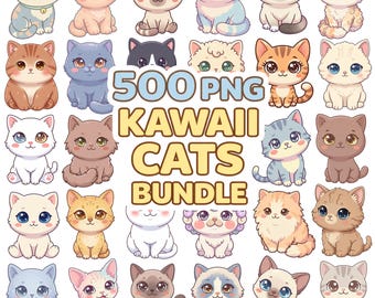 Kawaii Cat Cuties Clipart • 500 PNG • Cat Clip Art for Stickers  • Transparent (Commercial Use)
