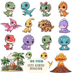 Op de afbeelding: Een verzameling van 12 schattige dinosauriërs in cartoonstijl in verschillende kleuren, waaronder groen, blauw, oranje, roze en paars. De afbeelding bevat ook een vulkaan en de tekst "64 PNG Cute Kawaii Dinosaur."