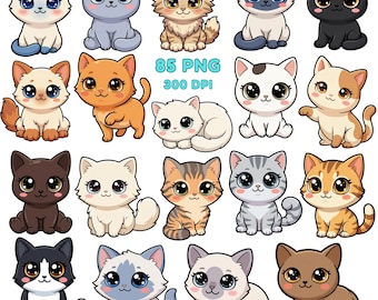 Kawaii Cat Clipart PNG - 85 Cartoon Kitten, Pastel Cat Graphics for Scrapbooking, Digital Download