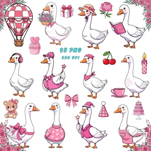 May include: A collection of cartoon geese in various poses and outfits, including a hot air balloon, gift box, and reading a book. The geese are white with orange beaks and feet, and wear pink accessories. The image includes the text "95 PNG 300 DPI".