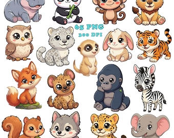 Adorable Kawaii Animal Clipart Pack - 65 Baby Animals PNG for Stickers Crafts Nursery Prints