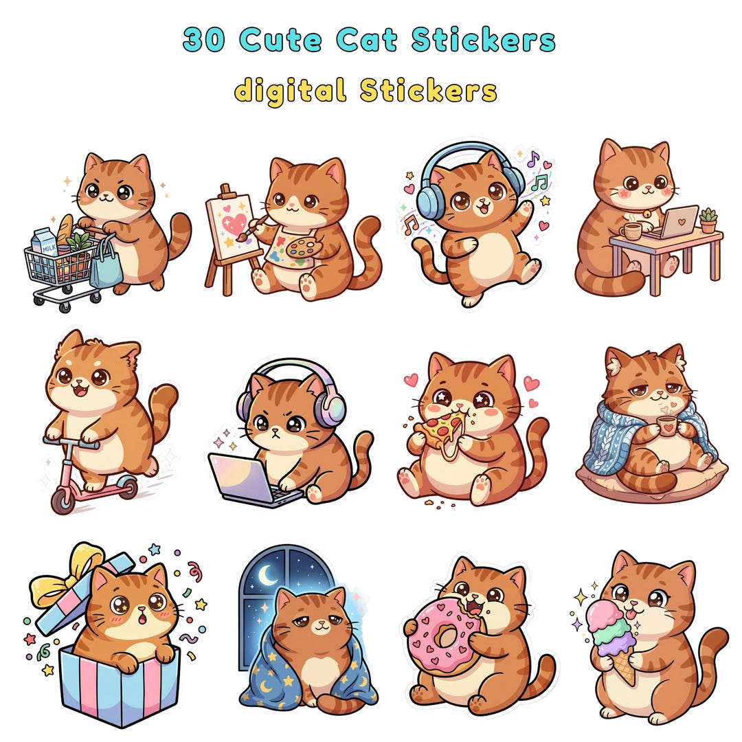 Kawaii Cat Stickers — Digital Stickers, Planner Pack, PNG Transparent ...