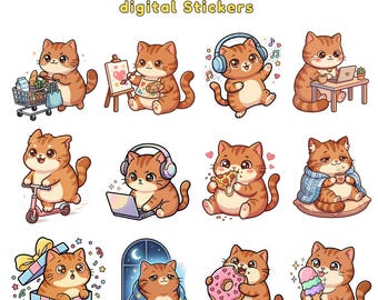 Kawaii Cat Stickers — Digital Stickers, Planner Pack, PNG Transparent, Ready to Print