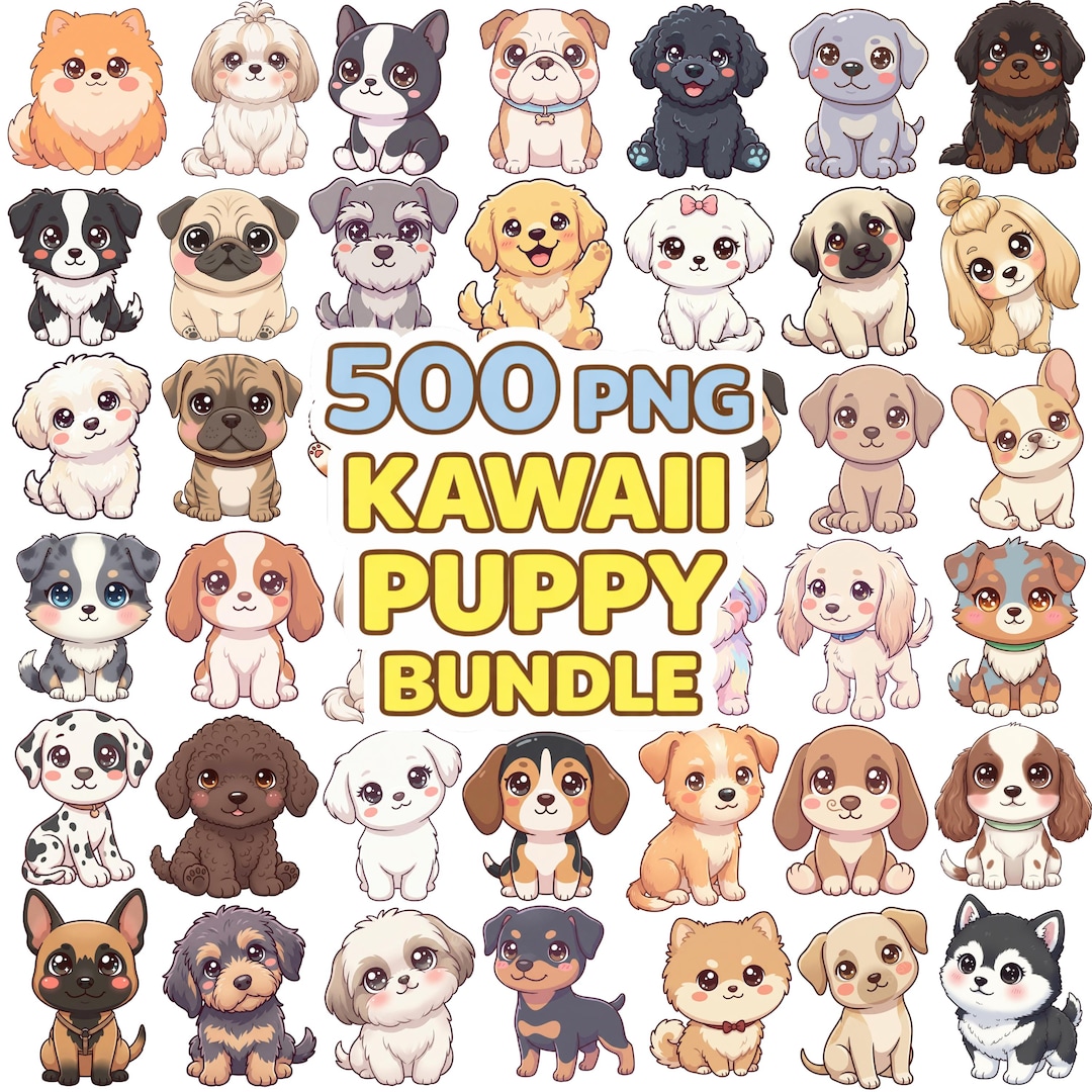 500 PNG Kawaii Puppy Bundle — Dog Clipart Pack, 300 DPI Transparent ...