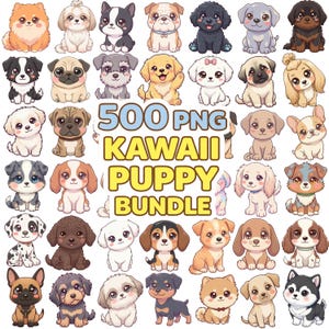 500 PNG Kawaii Puppy Bundle — Dog Clipart Pack, 300 DPI Transparent PNGs, Commercial Use