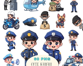 Kawaii Police Clipart Pack 60 Adorable Police Officers Cars Helicopter K9 Robbers PNG