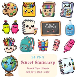 Clipart de material escolar fofo - 54 imagens PNG de material escolar kawaii para adesivos e artesanato, 300 DPI