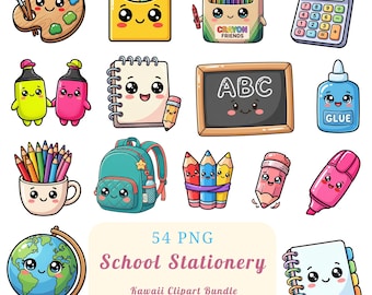 Sweet School Stationery Clipart - 54 Kawaii School Supplies PNG for Stickers Crafts 300 DPI