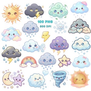 Mood of the Sky Clipart, Adorable Weather, Kawaii Moods PNG, Sunshine, Clouds, Rain, Transparent background