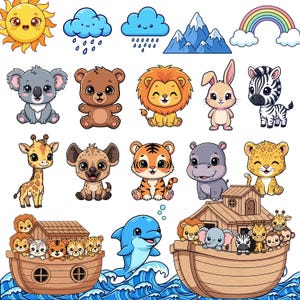 May include: A collection of cartoon animal illustrations, including a koala, bear, lion, rabbit, zebra, giraffe, hyena, tiger, hippo, and leopard. Also features a sun, clouds, mountains, a rainbow, and two arks filled with animals, and a dolphin.