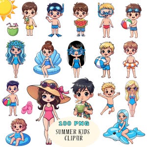 May include: A collection of cartoon illustrations of children enjoying summer activities. The images include kids with beach balls, watermelon, and snorkeling gear. The text "100 PNG SUMMER KIDS CLIPAR" is also present.