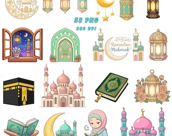 Ultimate Kawaii Ramadan Clipart Pack - 58 Islamic PNGs Pastel Mosque Lantern Moon Cute Bear Eid Mubarak Assets - Instant