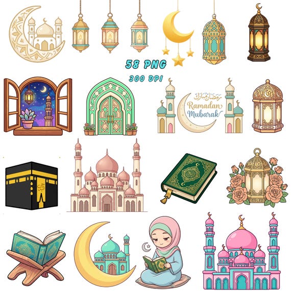Ultimate Kawaii Ramadan Clipart Pack - 58 Islamic PNGs Pastel Mosque Lantern Moon Cute Bear Eid Mubarak Assets - Instant