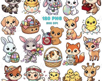 Kawaii Easter Animals Clipart – 120 PNG Stickers & POD Prints (Digital Download)