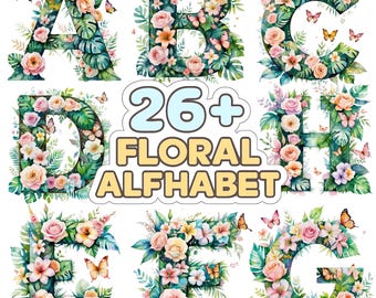 Floral Alphabet Letter Clipart Bundle 26 PNG, Watercolor Letter Butterflies,Printable Stickers, Digital Download