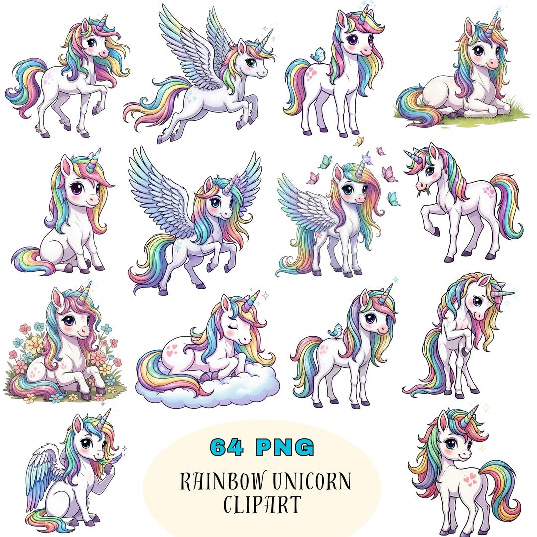 Rainbow Unicorn Clipart Bundle — 64 PNG Magical Kawaii Unicorns ...
