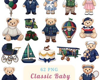 Classic Baby Clipart Bundle — Vintage Teddy Bears, Prams, Hot Air Balloons, Toy Boat,