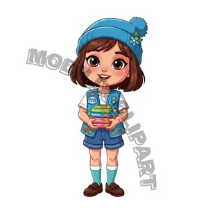 May include: Illustration of a girl scout holding boxes of cookies. She wears a blue beanie with a flower, a white shirt, a blue vest, and blue shorts. Her socks are teal, and she wears brown shoes. The boxes of cookies are green and red.