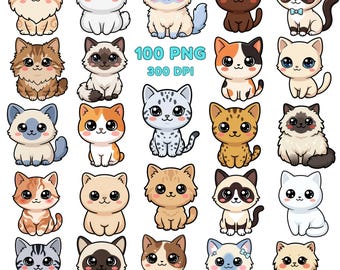 Kawaii Cat Cuties Clipart, Chibi Kitty Clip Art for Stickers, Planners & Printables, Transparent