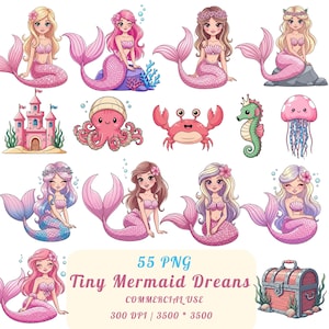 Puede incluir: Una colección de ilustraciones de dibujos animados con sirenas de cola rosa, un castillo rosa, un pulpo, un cangrejo, un caballito de mar, una medusa y un cofre del tesoro. También se incluye el texto "Tiny Mermaid Dreams".