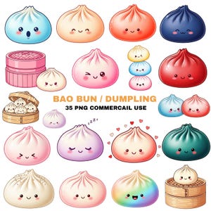 Puede incluir: Una colección de bollos bao y empanadillas de dibujos animados coloridos con varias expresiones faciales. La imagen incluye el texto "BAO BUN / DUMPLING" y "35 PNG COMMERCAIL USE". Las empanadillas son en tonos de azul, naranja, rojo, rosa y verde.