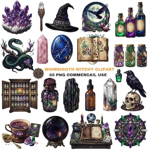 Può includere: Una collezione di illustrazioni digitali con grappoli di cristalli viola, un cappello da strega nero, boccette di pozioni, un serpente verde, una punta di quarzo rosa, un globo blu, un libro botanico aperto, un teschio con un corvo e tarocchi.