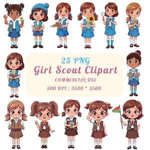 May include: Girl Scout clipart featuring 12 cartoon illustrations of girls in various poses. The girls are wearing blue and brown uniforms, holding items like flowers, cookies, and magnifying glasses. The image includes the text "25 PNG Girl Scout Clipart".