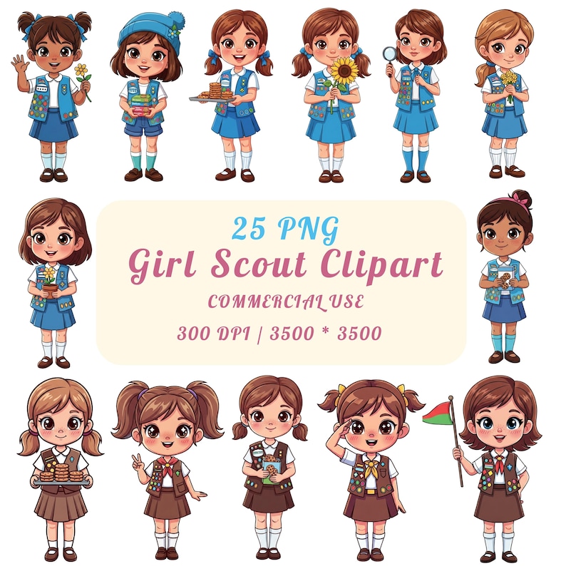 May include: Girl Scout clipart featuring 12 cartoon illustrations of girls in various poses. The girls are wearing blue and brown uniforms, holding items like flowers, cookies, and magnifying glasses. The image includes the text "25 PNG Girl Scout Clipart".