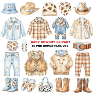Baby Cowboy Clipart Bundle | 60 PNG Watercolor Western Outfit Art Transparent Background,