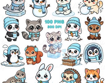 Winter Animals Clipart Pack — Blue Arctic PNGs: Kawaii Penguins, Polar Bears, Seals & Snow Elements
