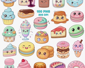 Kawaii Desserts & Sweets Clipart — Cakes, Macarons, Donuts, 100 PNG 300 DPI, Transparent BG, Commercial Use